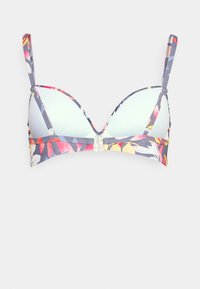 Underwire bikinitopp med et flerfarget blomsterdesign, formerte skåler, justerbare stropper og en sikker baklukking.