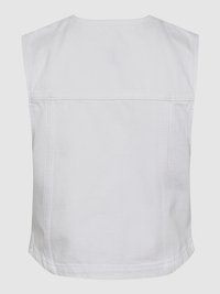 Λευκό αμάνικο τοπ από τζιν με στρογγυλή λαιμόκοψη, ραφή πίσω με γιακά και κυρτό στρίφωμα. Λείος υφασμάτινος χαρακτήρας με ελάχιστες ραφές.