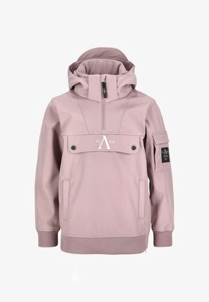 Light pink jacket featuring a high collar, half-zip front, two large chest pockets, and ribbed cuffs. Includes branding on the front and sleeve.