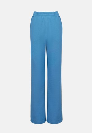 Blaue, lässig geschnittene Sweatpants mit elastischem Bund, zwei Seitentaschen und einer glatten Textur. Entworfen für Komfort und legere Trageweise.