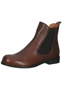 Botín de cuero marrón con paneles laterales elásticos, un diseño elegante y un tacón bajo apilado para estabilidad y comodidad.