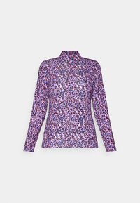 Top a maniche lunghe con un motivo leopardato rosa e viola, con colletto alto e una texture di tessuto liscia ed elastica.