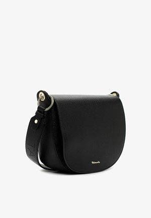 Mustast nahast risti kantav kott tekstuuri viimistlusega, kaardus kujuga, kuldse tooniga riistvaraga ja reguleeritava rihmaga. Kaubamärgi logo esiküljel.