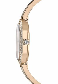Różowe złote zegarek z ośmiokątną kopertą, ozdobioną małymi kryształkami wzdłuż lunety i fasetowanym szkłem. Smukły, zakrzywiony metalowy pasek.