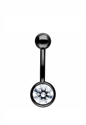 Black metal belly button ring with a large clear faceted gemstone on one end and a smooth black ball on the other.