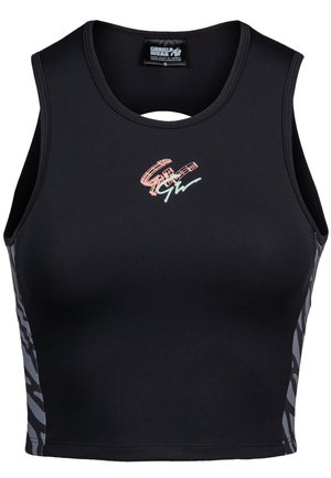 Zwarte sportieve crop top met een ronde halslijn, voorzien van een subtiel zebra patroon aan de zijkanten en een grafisch logo op de voorkant.