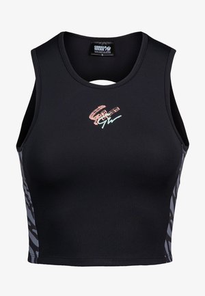 Zwarte sportieve crop top met een ronde halslijn, voorzien van een subtiel zebra patroon aan de zijkanten en een grafisch logo op de voorkant.