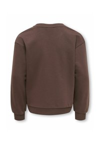 Sweat-shirt marron à manches longues avec col rond, poignets et ceinture côtelés, vu de dos sur fond blanc.