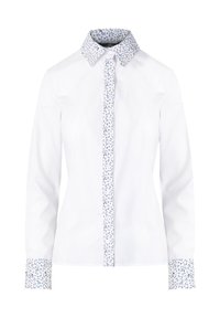Biała koszula z długim rękawem z kwiecistym nadrukiem na kołnierzyku i mankietach. Posiada zapięcie na guziki z przodu oraz dopasowany krój. Wykonana z lekkiej bawełny.