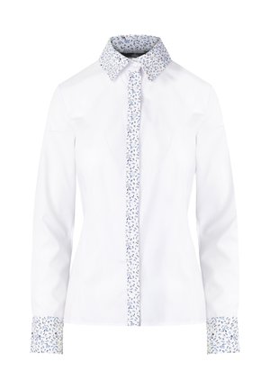 Biała koszula z długim rękawem z kwiecistym nadrukiem na kołnierzyku i mankietach. Posiada zapięcie na guziki z przodu oraz dopasowany krój. Wykonana z lekkiej bawełny.