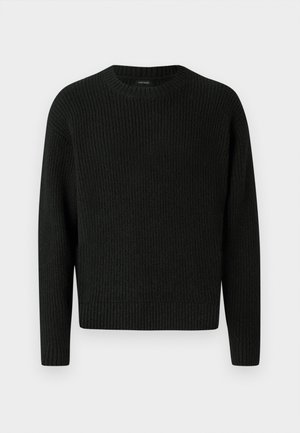 Must muströöbitud kampsun pikkade varrukatega, ümmarguse kaeluse ja figuuri siluv vöökoht. Valmistatud tekstuurilisest kangast, mis annab sooja välimuse.