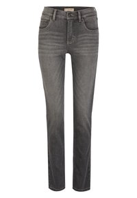 Jeans de mezclilla negra deslavada con un diseño de pierna recta, cinco bolsillos y un clásico cierre de botón. Presenta detalles de costura sutiles.