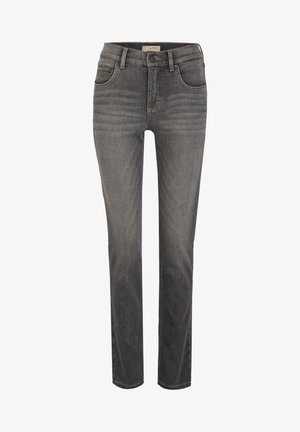 Jeans de mezclilla negra deslavada con un diseño de pierna recta, cinco bolsillos y un clásico cierre de botón. Presenta detalles de costura sutiles.