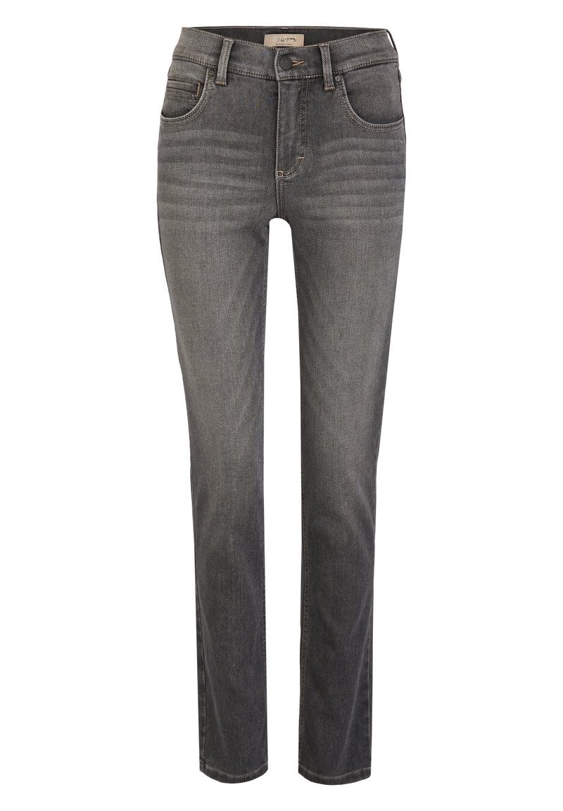 Jeans de mezclilla negra deslavada con un diseño de pierna recta, cinco bolsillos y un clásico cierre de botón. Presenta detalles de costura sutiles.