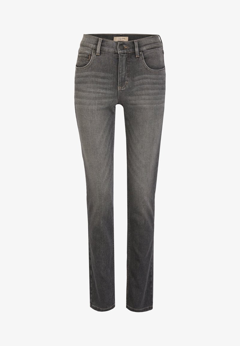 Jeans de mezclilla negra deslavada con un diseño de pierna recta, cinco bolsillos y un clásico cierre de botón. Presenta detalles de costura sutiles.