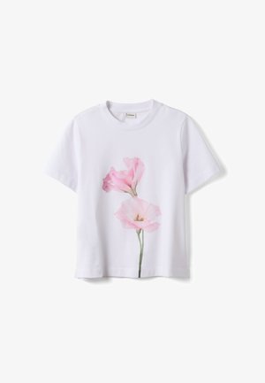Witte T-shirt met korte mouwen, ronde hals en een centrale print van twee roze bloemen met groene stelen.