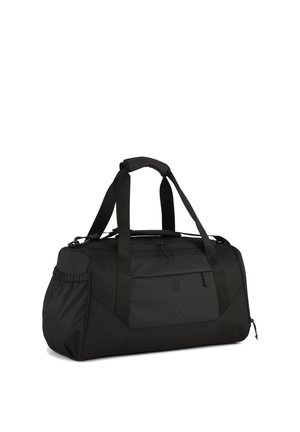 Sac de sport rectangulaire noir avec double poignées, poche zippée à l'avant et poches latérales élastiques sur fond blanc.