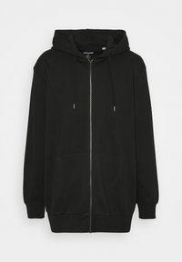 Black zip-up hoodie made of soft fabric. Features a front zipper, adjustable drawstring hood, and two front pockets. Loose fit.