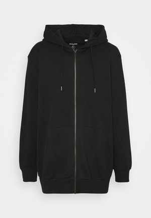 Black zip-up hoodie made of soft fabric. Features a front zipper, adjustable drawstring hood, and two front pockets. Loose fit.