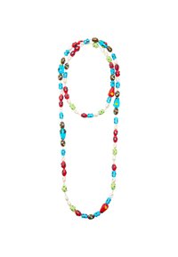 Kolorowa naszyjnik z koralików, składający się z czerwonych, zielonych, niebieskich i brązowych koralików o różnych kształtach i wzorach, przerywany białymi perłowymi akcentami.