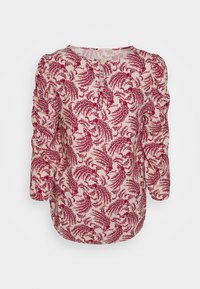 Biscotto floreale chiaro con motivi rossi e viola. Presenta un collo rotondo e maniche a tre quarti con dettagli arricciati.