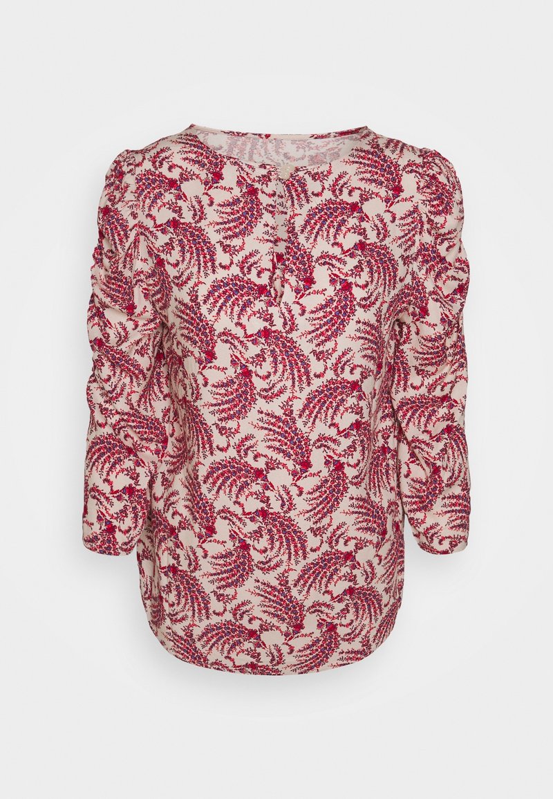 Biscotto floreale chiaro con motivi rossi e viola. Presenta un collo rotondo e maniche a tre quarti con dettagli arricciati.