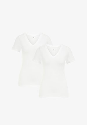 Kaksi valkoista V-kaula-aukkoinen t-paitaa, jotka on valmistettu pehmeästä puuvillasta. Paidoissa on lyhyet hihat ja hyvin istuva malli. Kankaan pinta on sileä ilman kuvioita.
