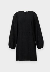 Μαύρο μίνι φόρεμα με μακριά μανίκια και φουσκωτά μανίκια, διακριτό σχέδιο από δαντέλα, στρογγυλή λαιμόκοψη και λεπτή ζώνη στη μέση.