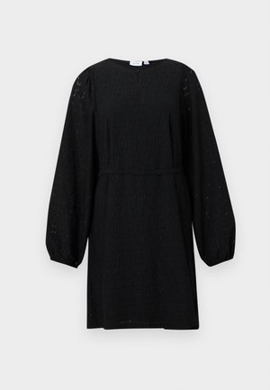 Vestido mini preto de manga longa com mangas bufantes, padrão de renda subtil, decote redondo e cinto fino na cintura.