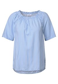 Blusa azzurro chiaro a maniche corte con strisce verticali bianche, scollo arricciato e orlo curvo, realizzata in morbido tessuto leggero.