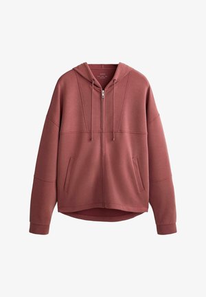 Felpa con zip di colore rosa polveroso, realizzata in tessuto morbido. Presenta un cappuccio, due tasche e una vestibilità comoda con spalle ribassate.