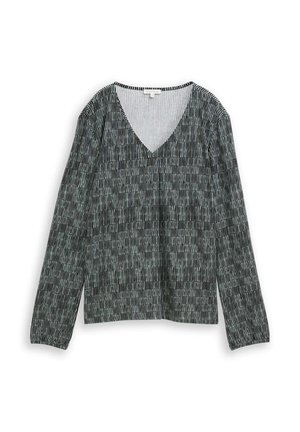 Langärmliges V-Ausschnitt-Oberteil mit schwarz-weißem vertikal gestreiften Muster und leichtem Innenfutter, flach auf weißem Hintergrund präsentiert.