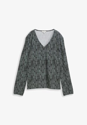 Langärmliges V-Ausschnitt-Oberteil mit schwarz-weißem vertikal gestreiften Muster und leichtem Innenfutter, flach auf weißem Hintergrund präsentiert.