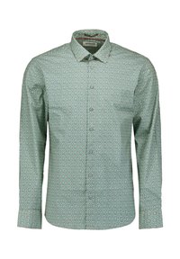 Groene bedrukt overhemd met lange mouwen, gekenmerkt door een algehele geometrische print, een button-down kraag en een enkele borstzak. Zachte stoftextuur.
