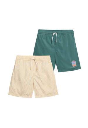 To par herresvømme-shorts, den ene beige med tynde lodrette striber og hvid snor, den anden ensfarvet teal med hvid snor og et farverigt mærke.