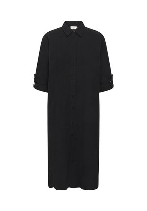 Czarna, midi koszulowa sukienka z długimi rękawami podwiniętymi i przypiętymi na guziki, z przodu zapinana na guziki, z ostro zakończonym kołnierzem.