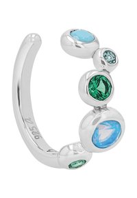 Anillo de plata con múltiples piedras preciosas redondas de colores: azul, verde y azul verdoso. Superficie lisa y pulida con un diseño curvo moderno.