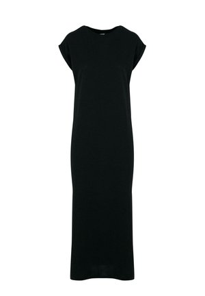 Musta, polvimittainen mekko, joka on valmistettu sileästä kankaasta. Siinä on lyhyet käännetyt hihat ja suora siluetti ilman näkyviä kuvioita tai yksityiskohtia.