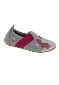 Grauer Kinderschuh mit einem rosa elastischen Band, versehen mit einem Einhorn-Design, glitzernden Akzenten und einem strukturierten Obermaterial.