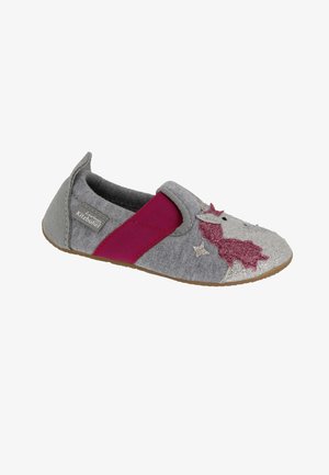 Scarpa da bambino grigia con una fascia elastica rosa, presenta un design di unicorno con dettagli glitterati e una tomaia in tessuto testurizzato.