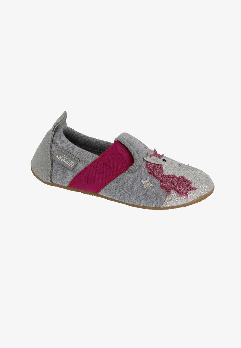 Scarpa da bambino grigia con una fascia elastica rosa, presenta un design di unicorno con dettagli glitterati e una tomaia in tessuto testurizzato.