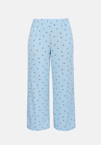 Pantalon ample bleu clair avec de petits motifs de papillons foncés et une taille élastique, présenté sur un fond uni.