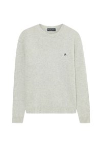 Maglione grigio chiaro realizzato in materiale morbido con collo a giro. Polsini e orlo a coste. Piccolo logo navy sul petto. Ideale per essere indossato a strati.