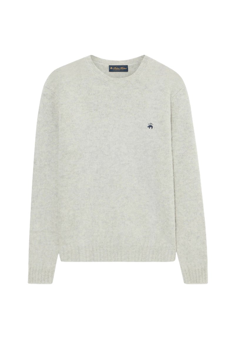 Maglione grigio chiaro realizzato in materiale morbido con collo a giro. Polsini e orlo a coste. Piccolo logo navy sul petto. Ideale per essere indossato a strati.