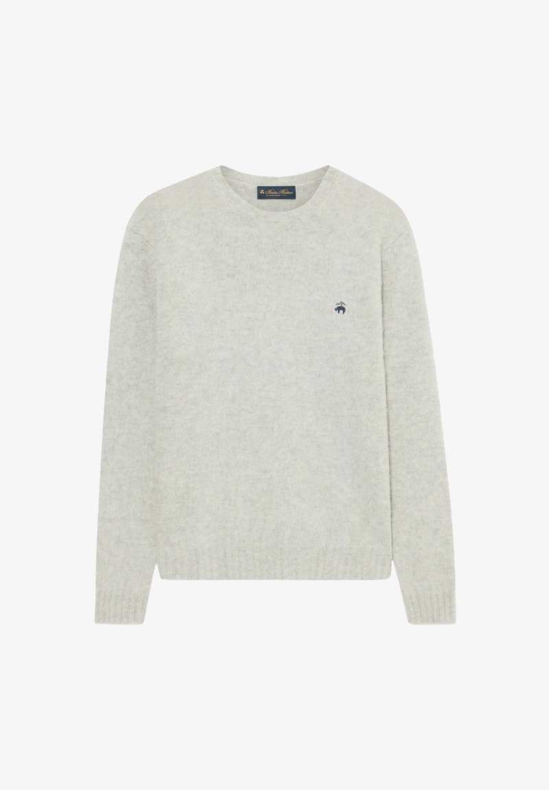 Maglione grigio chiaro realizzato in materiale morbido con collo a giro. Polsini e orlo a coste. Piccolo logo navy sul petto. Ideale per essere indossato a strati.