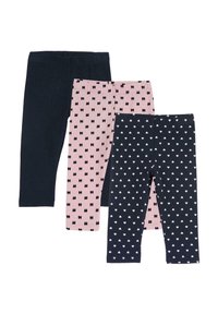 Drie paar legging: één effen donkerblauw, één roze met zwarte strikjes, en één donkerblauw met kleine roze hartjes. Allemaal hebben ze een elastische tailleband.
