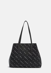 Borsa tote nera realizzata in materiale testurizzato, con un motivo a logo bianco ripetuto. Due manici robusti e un design spazioso.