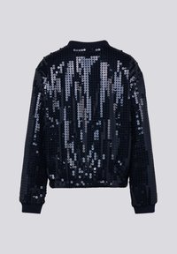 Marineblaues Bomberjacke, übersät mit Pailletten, mit einem gerippten Kragen und Bündchen, und einer glatten, reflektierenden Textur des Stoffes.