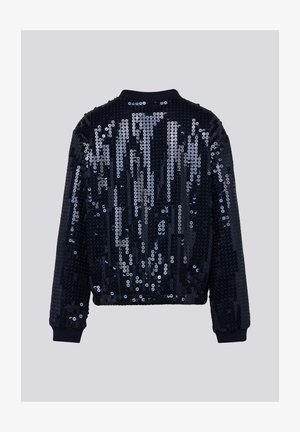 Navy bomber jacket covered in sequins, featuring a ribbed collar and cuffs, with a smooth, reflective texture on the fabric.