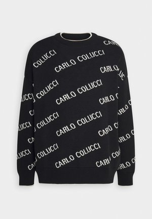 Schwarzer Sweatshirt mit weißem "CARLO COLUCCI" Schriftzug, geripptem Rundhalsausschnitt und kontrastierenden Farben an den Bündchen. Weicher Strickstoff.